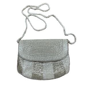 Vintage 1980’s beaded evening bag wedding brides purse white satin silver gold